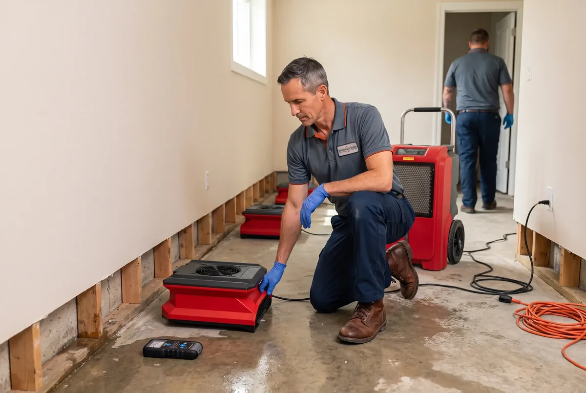 Technician placing an air mover along an opened flood cut at the base of a wall