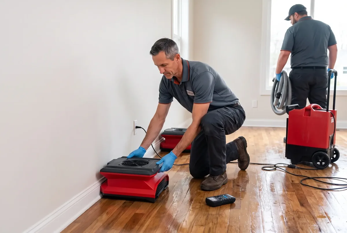 Technician positioning an air mover on a wet hardwood floor