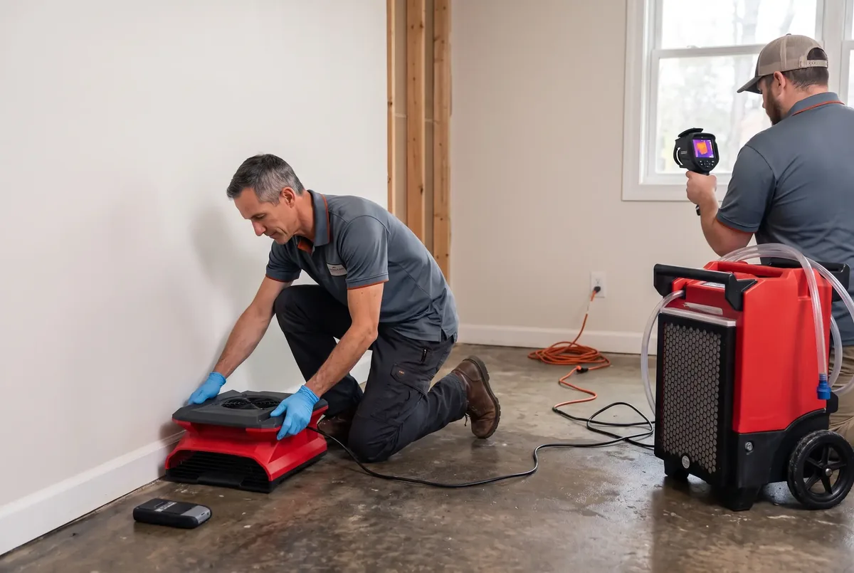 Technician setting an air mover at a wall with a dehumidifier and thermal camera in the room